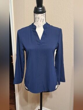 Women’s Navy Split-Neck Long Sleeve Blouse.